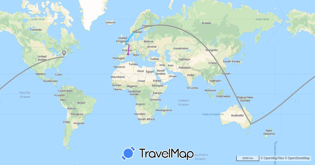 TravelMap itinerary: driving, plane, train, boat in Australia, Belgium, France, United Kingdom, Norway, United States (Europe, North America, Oceania)